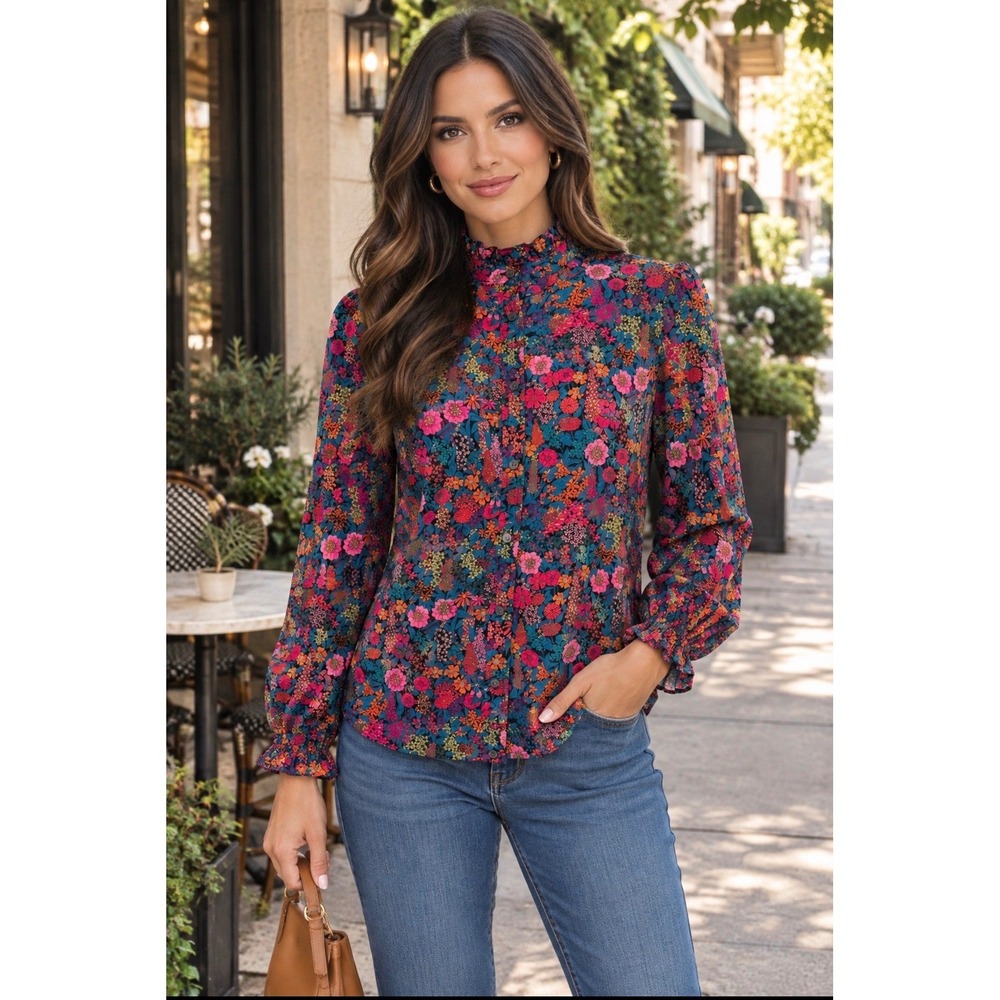 J.Crew Liberty London Ciara Fabrics Floral Ruffle Neck Cotton Shirt Blue Pink S